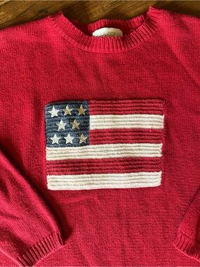 Vintage 90s American Flag Sweater Red Cotton Knit Patriotic USA Pullover L
